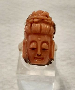 Antique Chinese Carved Coral 18k Yellow Gold Ring