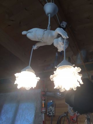 Restored French Antique Cherub Chandelier Double Hanging Pendant Light