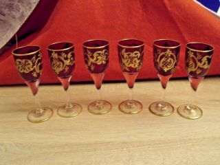 Set Of 6 Vintage Murano Style Red Gold Crystal Footed Cordial Liqueur Glasses