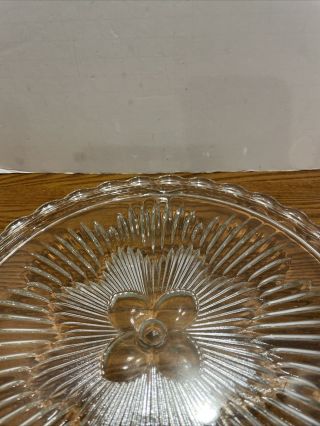 Vintage Footed Clear Glass Cake Plate w/flower Center & Scalloped Edge 11” 2