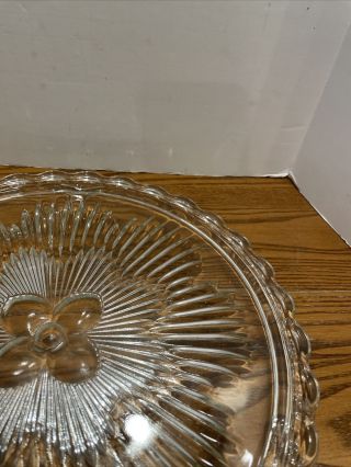 Vintage Footed Clear Glass Cake Plate w/flower Center & Scalloped Edge 11” 3