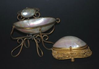 Antique French Palais Royal Gold Gilt Ormolu Mother Of Pearl Sewing Box & Stand