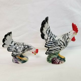 Vintage Enesco Black & White Chickens Figural Salt & Pepper Shakers Hen Rooster
