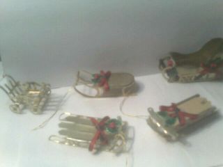 4 Vintage Metal Brass Gold Color Sleigh Ornaments Dollhouse Carriage Sled