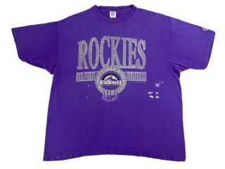 Vintage 90s Colorado Rockies Big Logo Purple T Shirt Mens Size 2xl Mlb Usa Rare