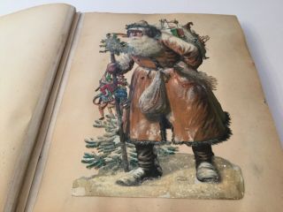 Antique 1800 ' s Victorian 51 Page Scrapbook Album Christmas Santa cut outs old 5
