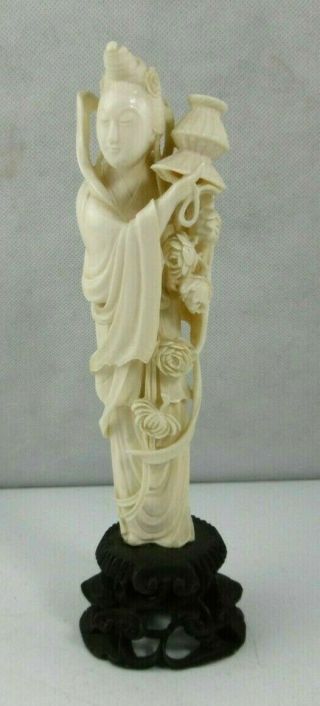 Antique 1900 Chinese Carved Statue Basket And Roses Lady Guanyin Ivory Color