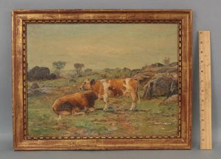 19thc Antique Pierce Country Cow Bucolic American Landscape Oil Painting,  Nr