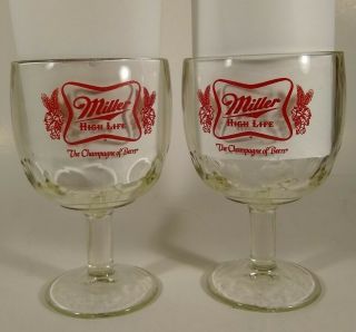 2 Vintage Miller High Life Glass Beer Goblets Thumbprint Pattern 6 " Retro