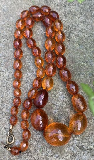 Antique Faceted Cognac Honey Baltic Amber Oval Graduated Bead Necklace