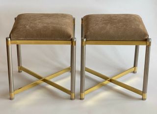 Pair Mcm Brass Steel X Base Benches Italy