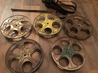 1 Vintage 35mm Film Reel 10 " Movie Projector Metal Bronze Reels W/ 5ft Film