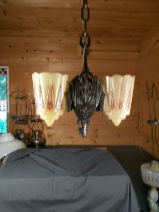 Vtg Art Deco Slip Shade 2 Light Ceiling Fixture Rewired Ready To Hang C1930s