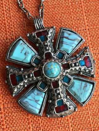 Vintage Miracle Pendant,  Scottish Celtic Cross,  Red Blue Glass Turquoise Signed