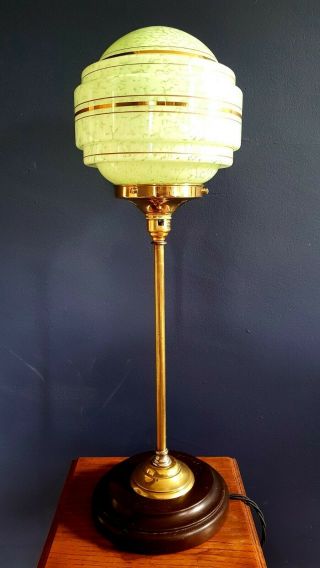 1930s Art Deco Table Desk Lamp.  Brass Stick Lamp Stem.  Globe Glass Shade