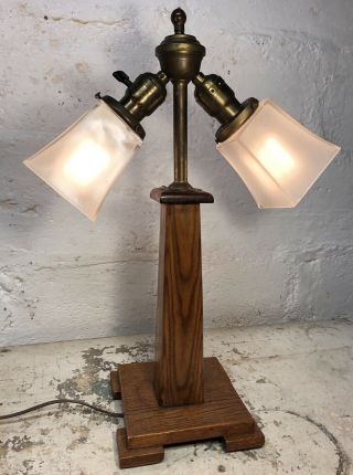 Antique C.  1915 Oak Mission Arts & Crafts Desk Lamp With Shades Vtg 20”