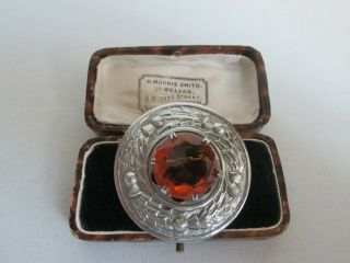 Old Vintage Scottish Thistle Amber Cairngorm Stone Brooch Kilt Pin