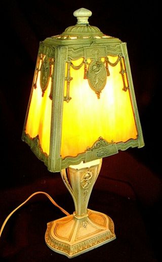 Antique Slag Glass Lamp Boudoir W Cupids All Paint C.  1920 