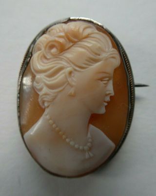Vintage.  925 Silver Mounted Classical Woman Carved Shell Cameo Pendant (brooch)