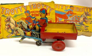 Vtg Tin Toy Wind Up Mechanical Pony Cart Tin Toy Made In England