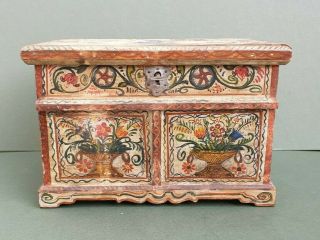 Antique Miniature Of A Marriage Chest,  Hand - Painted,  Dated 1795,  Secret Drawer