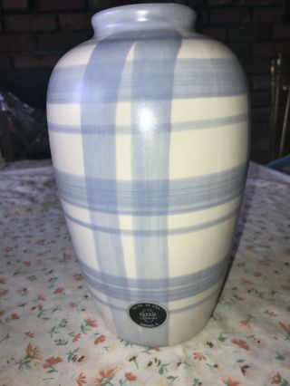 Vtg Blue & White Plaid 10 1/4 " Tall Vase Harris Pottery Chicago Illinois Usa Euc