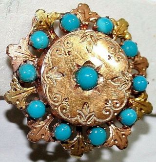 Antique Victorian French Bi Color 18k Gold Turquoise Leafs Brooch C1880