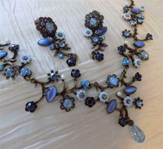 Vtg Blue Art Deco Style Rhinestone Faux Pearl Necklace Ear Set Avon