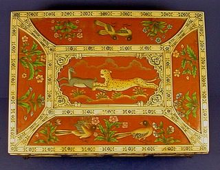 Vintage Anglo - Indian Carved & Inked Bone Overlay Vizagapatam Box
