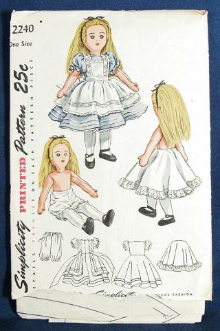 Vtg Simplicity 18 " Doll Clothing Pattern 4 Dress,  Apron,  Petticoat