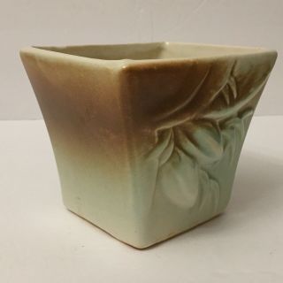 Vintage Mccoy Pottery Jardiniere Square Small Planter Green And Brown Embossed