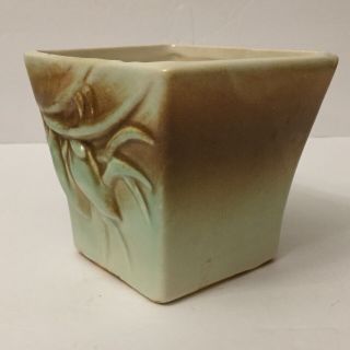 Vintage McCoy Pottery Jardiniere Square Small Planter Green And Brown Embossed 2