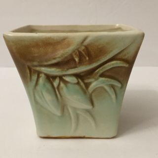 Vintage McCoy Pottery Jardiniere Square Small Planter Green And Brown Embossed 3