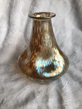 Loetz Austria Antique Art Glass Nouveau Iridescent Yellow Gold Oil Spot 6 " Vase