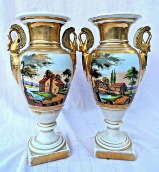 Antique French Empire Hand Painted Porcelain Vases 11 " Tall Mid 19c Vgc