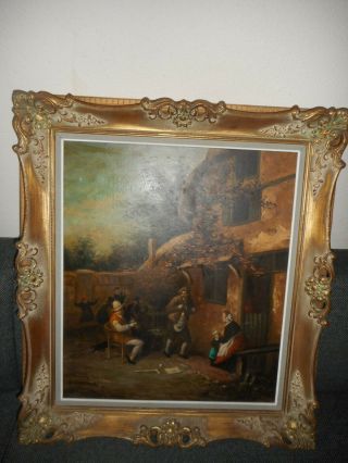 Large Old Oil Painting,  { Outdoors Scene With People,  Is Signed,  Great Frame }.