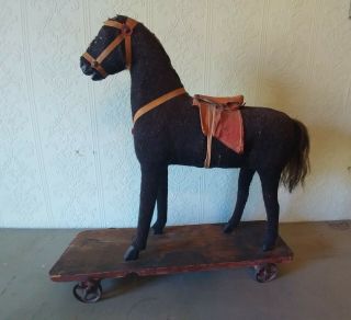 Antique German Black Horse Pull Toy Large 18 X 17 Mohair Iron Wheels Saddle Aafa