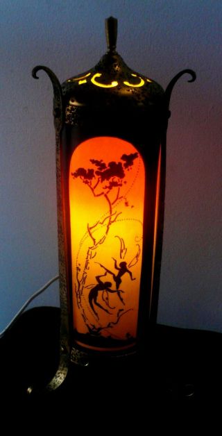 C.  1920 Devilbiss Reverse Painted Art Deco Glass Fairy Perfume Lamp.  12.  5 " Tall