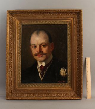 1913 Antique Walter Russell American Portrait Oil Painting,  Gentleman W/ Flower
