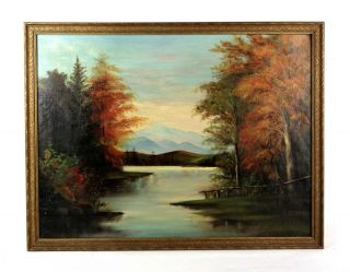 Antique 19th C Hudson River School Oil Painting River Mountain Forest Landscape