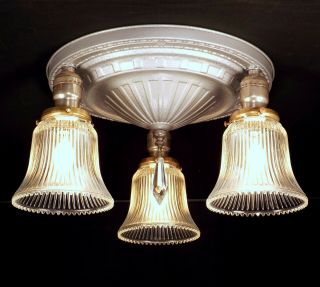 Vintage Art Deco Flush Mount Ceiling Light Fixture Glass Shades Silver Rewired