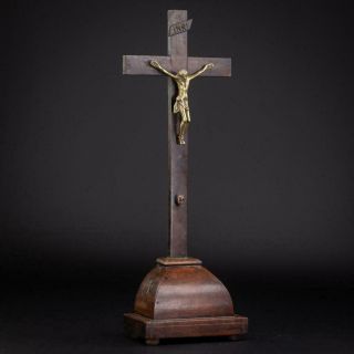 Altar Crucifix | Standing Cross Wood Carving | Antique Bronze Jesus Christ | 15 "
