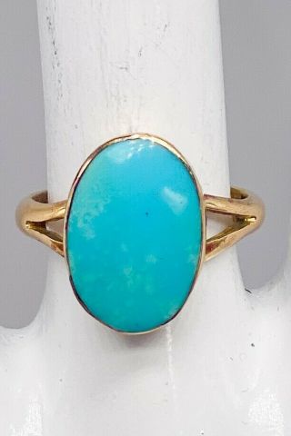 Antique 1935 Art Deco 5ct Natural Turquoise 14k Yellow Gold Band Ring Signed