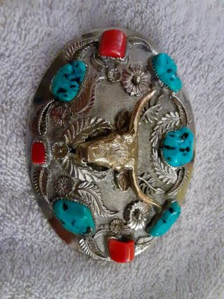 Antique Solid Sterling Silver Turquoise And Coral Belt Buckle