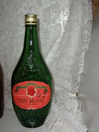 Vintage Green Embossed Vin Rose Wine Bottle W/screw Cap Empty