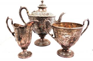 Fine Antique Victorian 3 - Piece Engraved Sheffield Silver - Plated Tea Set Service