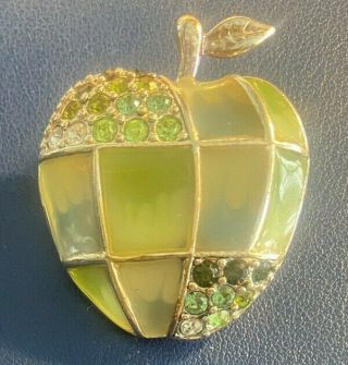 Vintage Monet Green Apple Lucite Rhinestones Pin Brooch