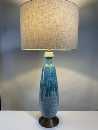 Aqua Drip Glaze Vintage Mid Century Modern Ceramic Lamp With Walnut Base Mcm