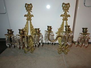 Stunning Brass Mid - 19th Century French 4 - Candle Wall Sconces W/prisms