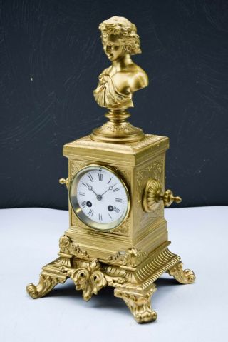 Antique C.  1890 Chesnier A Paris Gilt French Brass Figural Mantel Clock